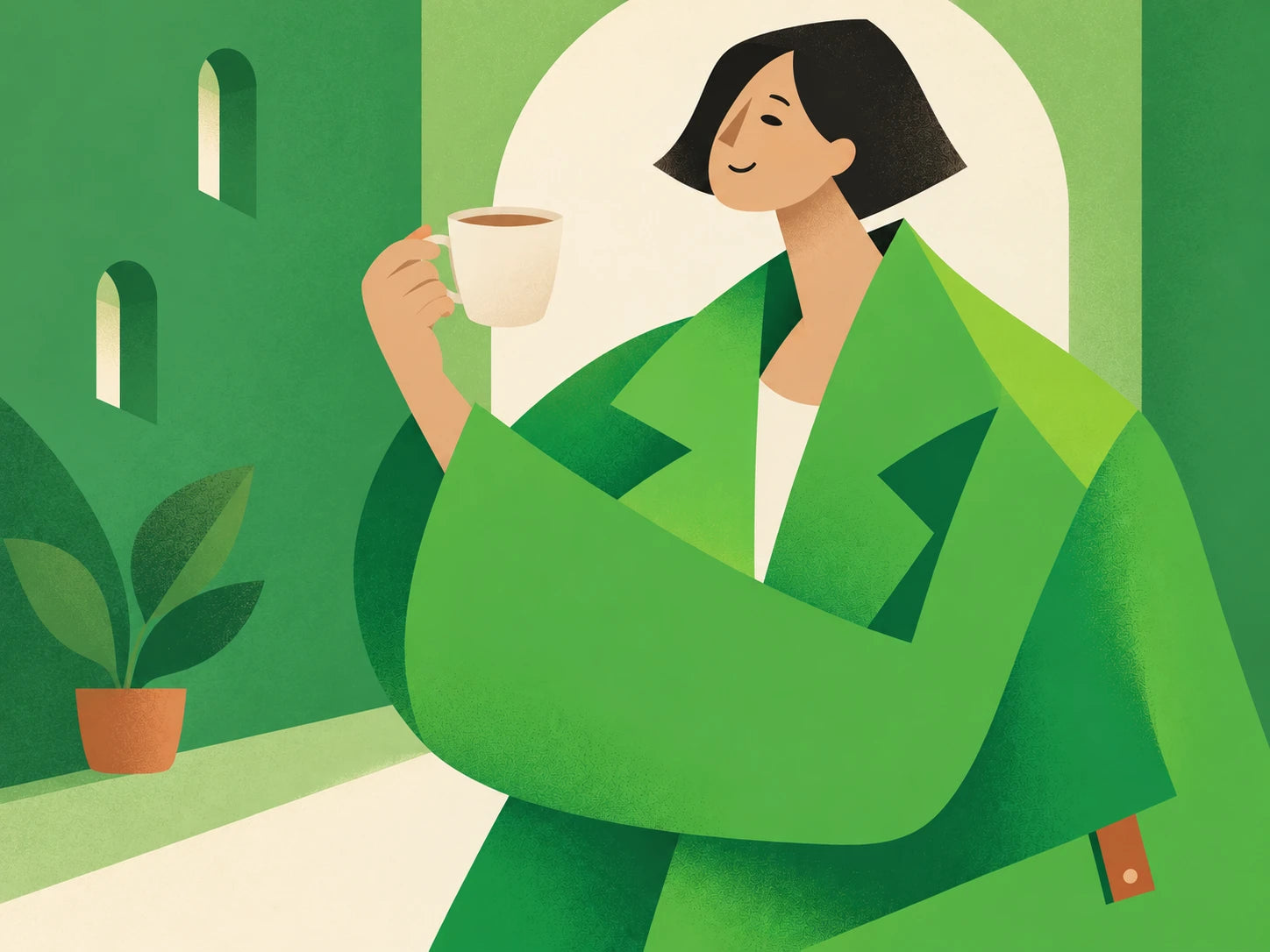 A smiling woman in a green coat holds a warm cup by an arched window