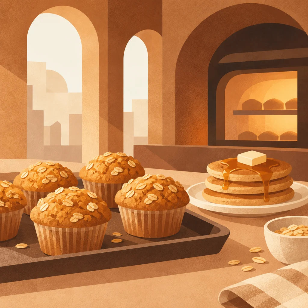 Golden oat muffins and a stack of pancakes by a warm oven