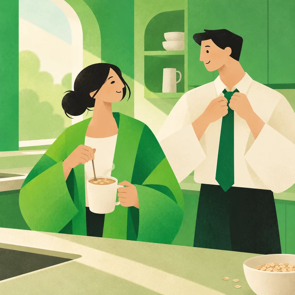 A young couple get ready for work in a green kitchen; she stirs a warm mug
