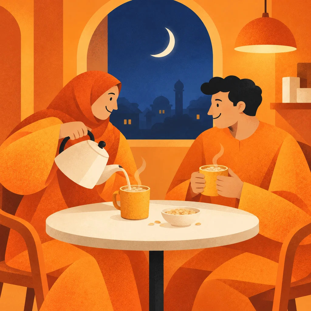 Before dawn, a woman in a hijab pours hot water into a mug for sahur while her husband holds his