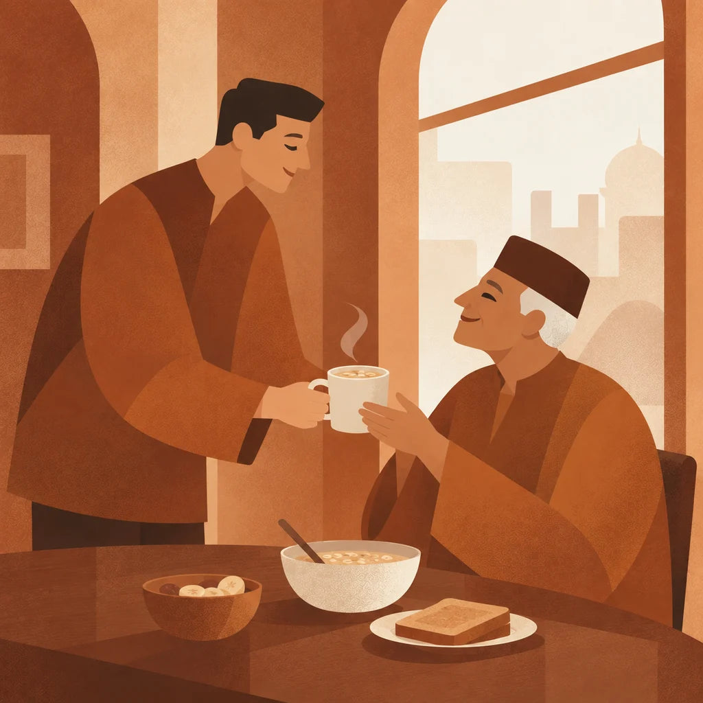 A son hands a warm mug to his smiling father at the breakfast table