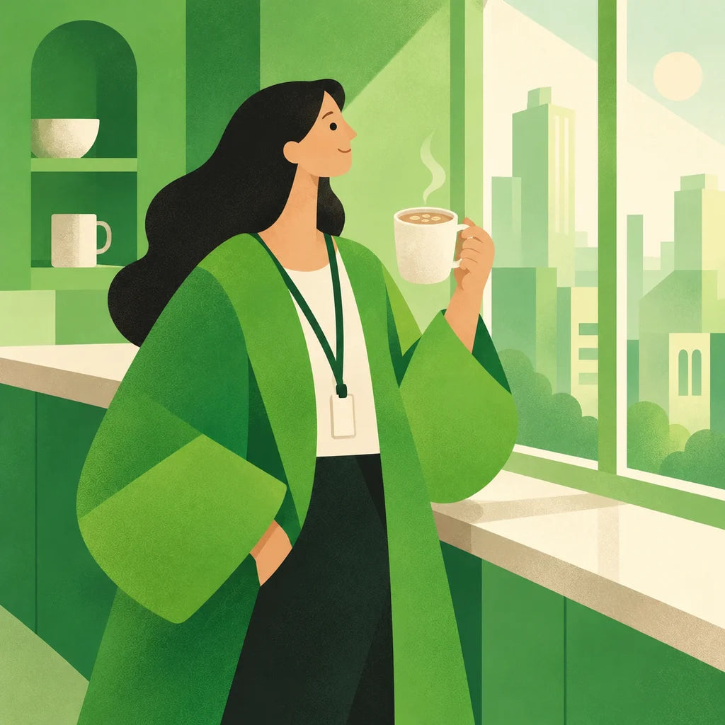 A woman with a work lanyard holds a mug by the office pantry window