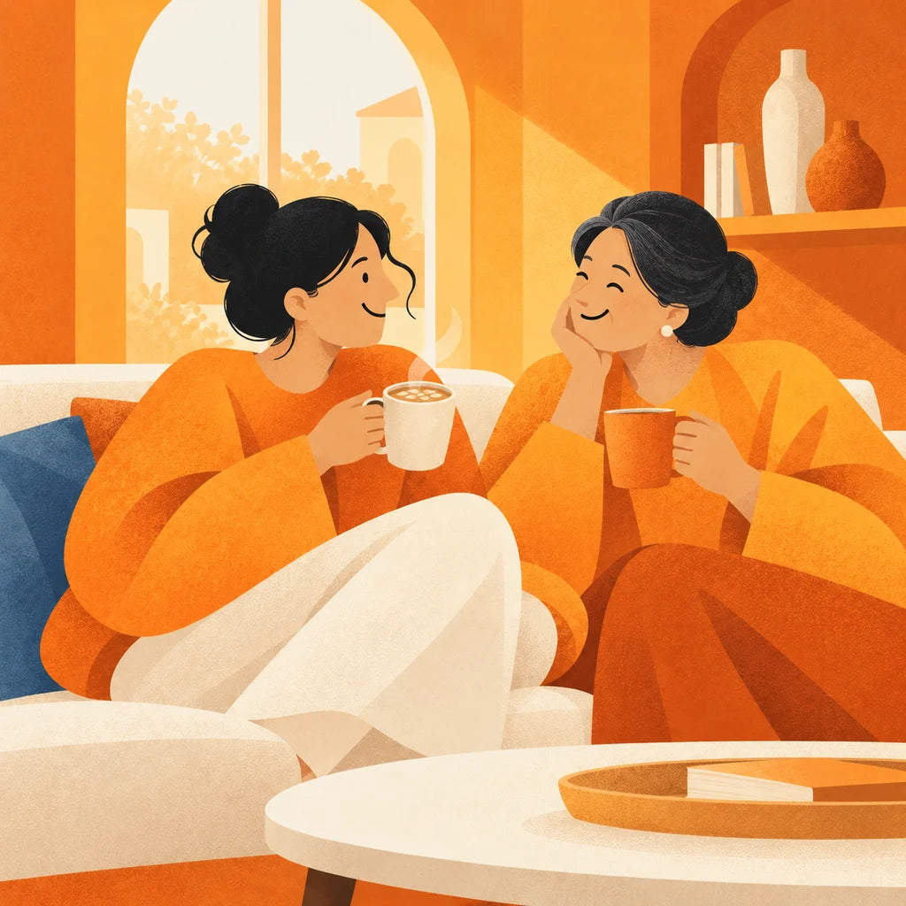 A woman and her mother laugh together on the sofa, each holding a mug