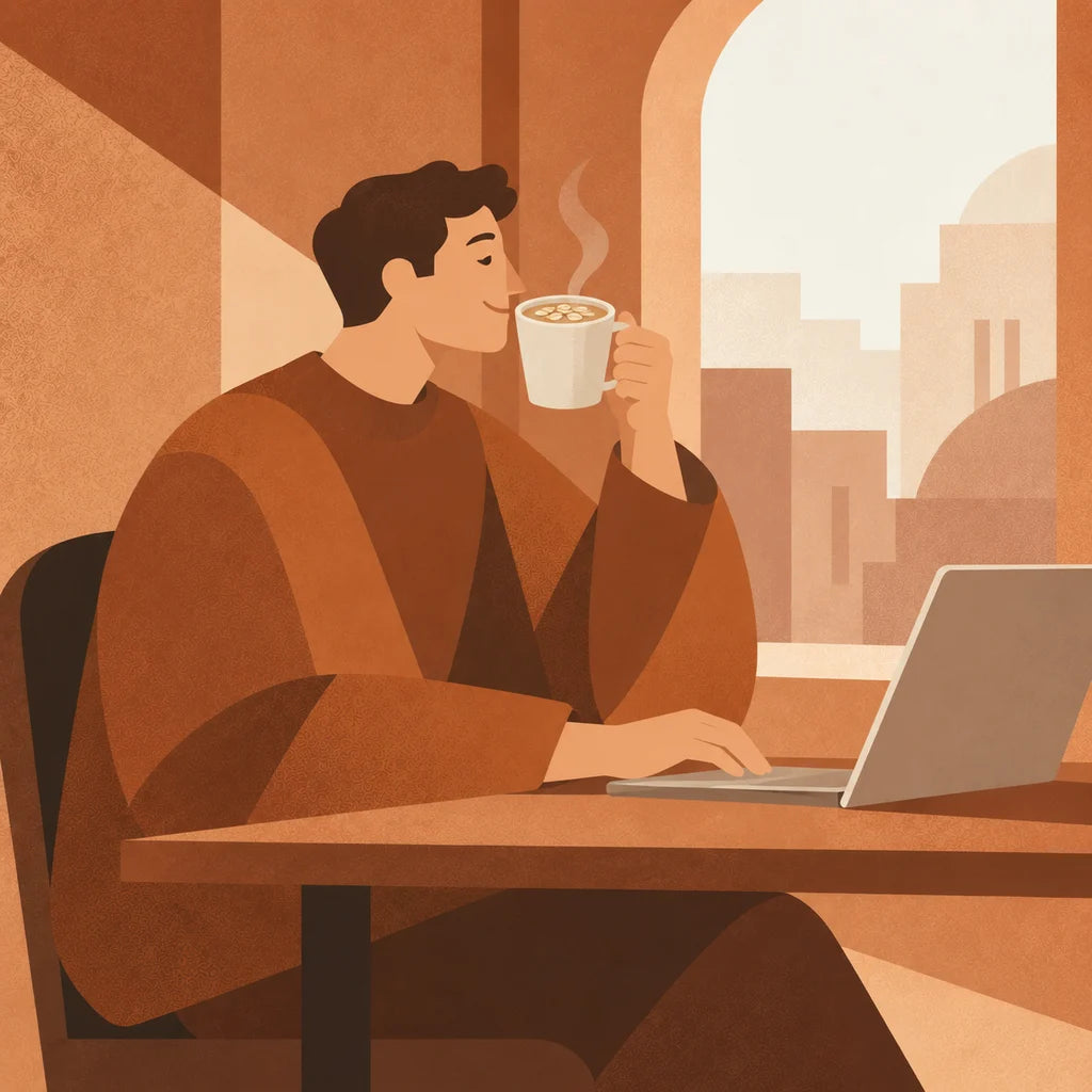 A young man working from home sips from a mug beside his laptop