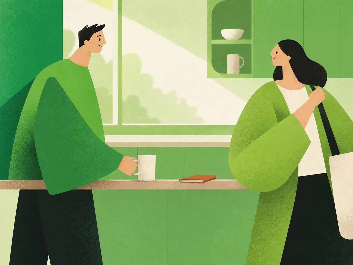 Two smiling people share a moment by a green breakfast counter