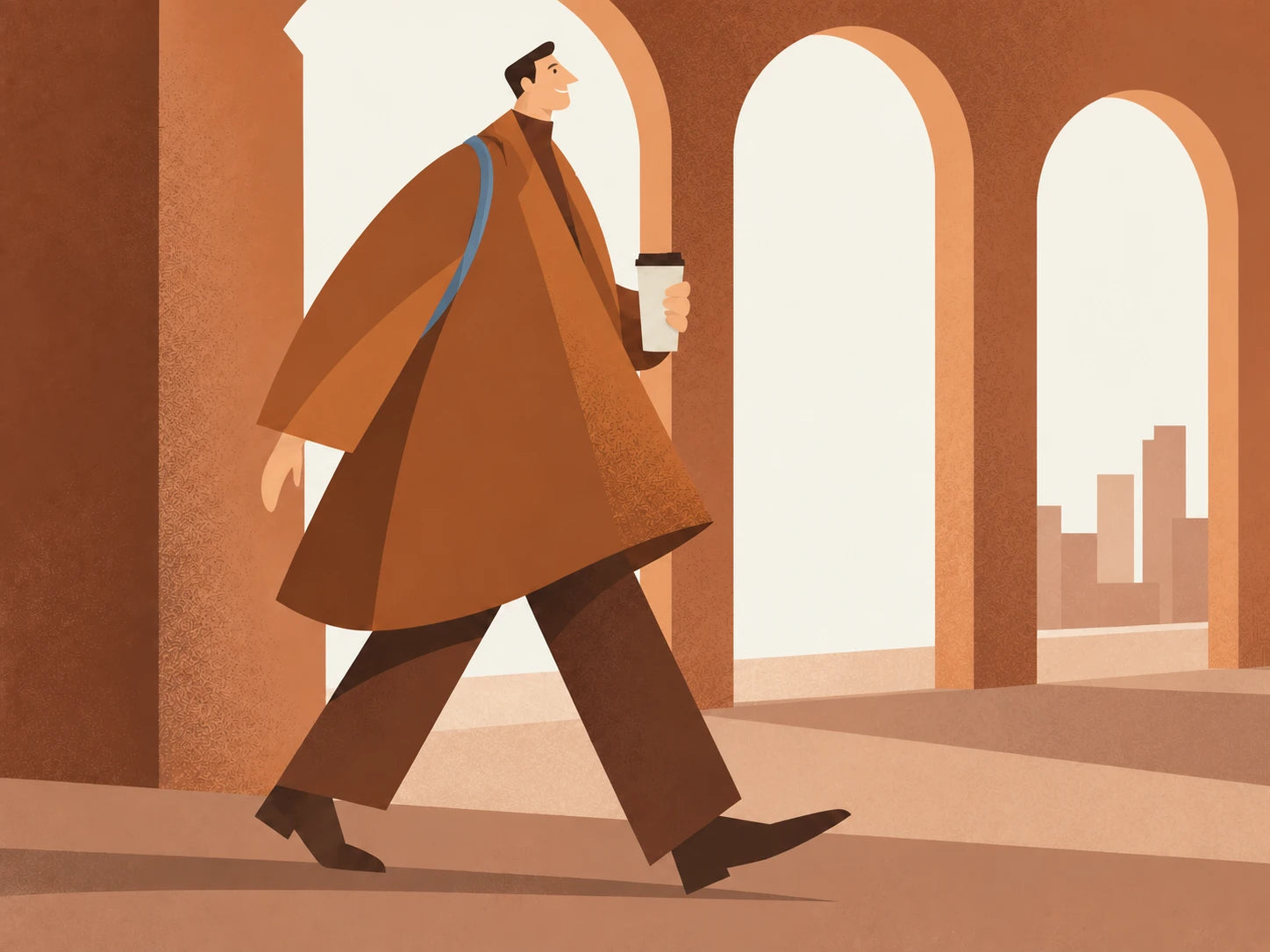 A smiling commuter carries a cup through warm terracotta city arches