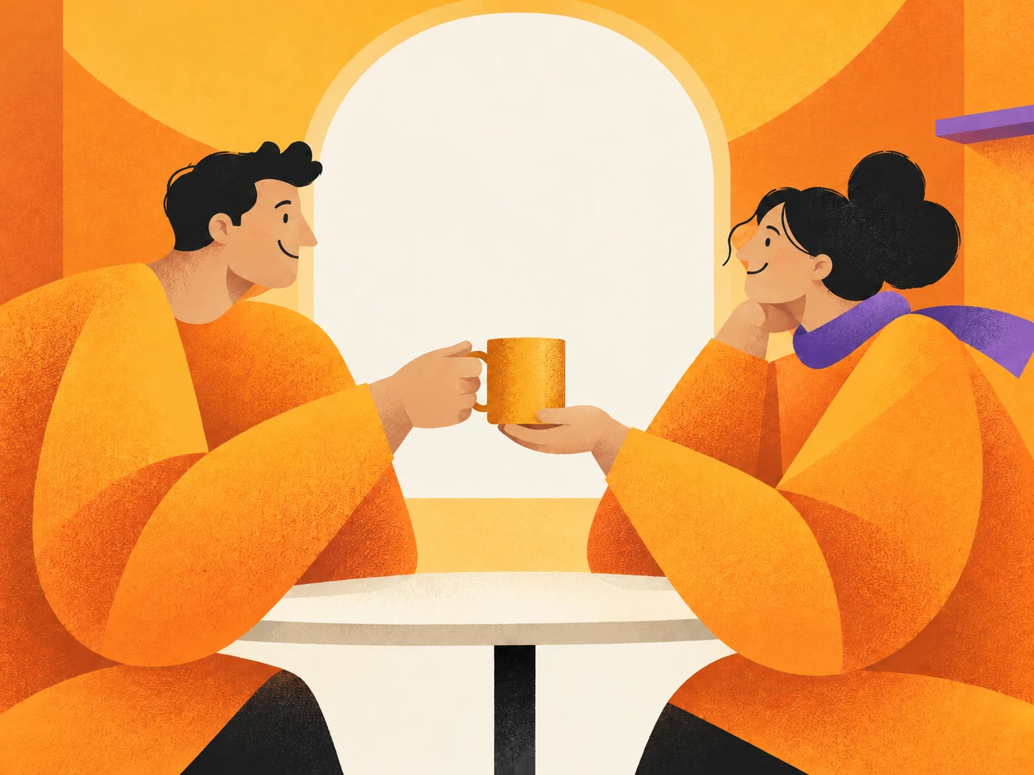 A happy couple share a warm mug at their breakfast table