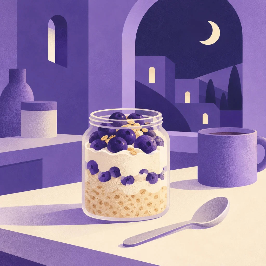A jar of layered overnight oats with blueberries on a counter at night