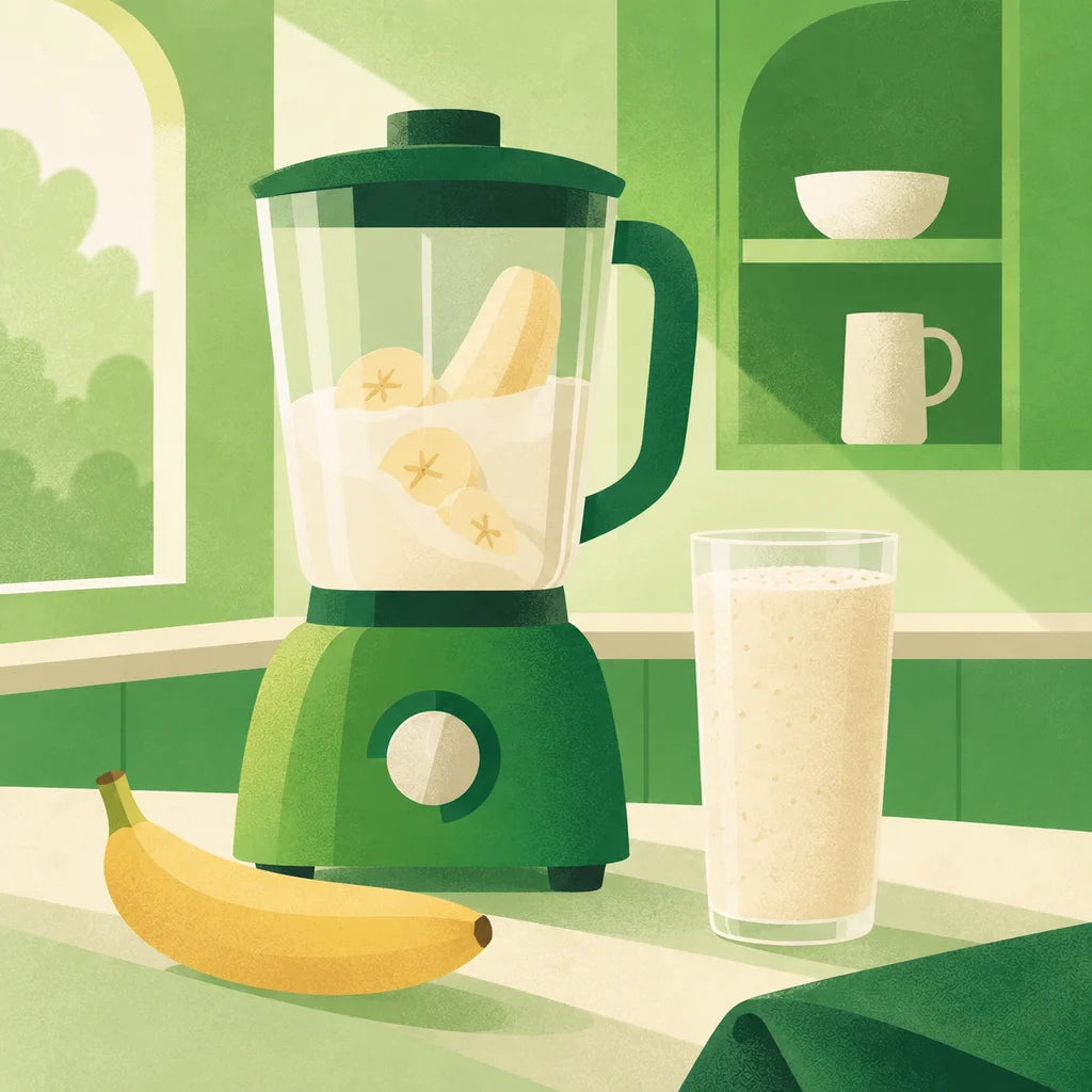 A blender with a banana and milk beside a tall glass of oat smoothie