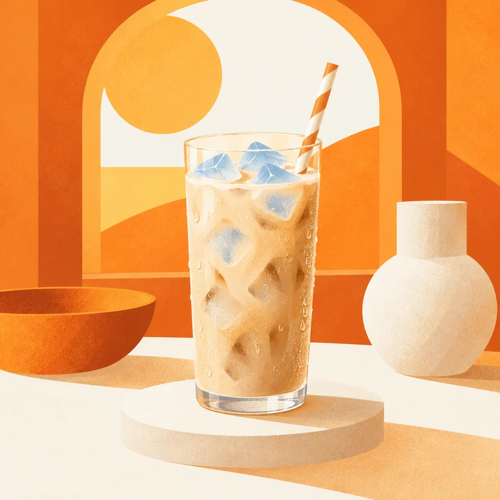 A tall glass of iced oat drink with ice cubes by a sunny window